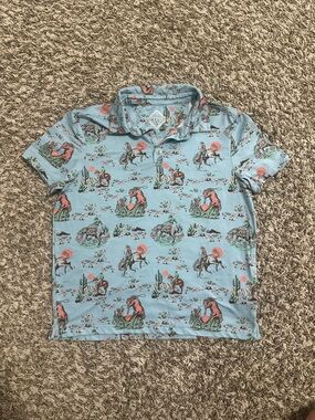Boys youth M (8) BURLEBO Light Blue Desert & Cowboy Print Polo